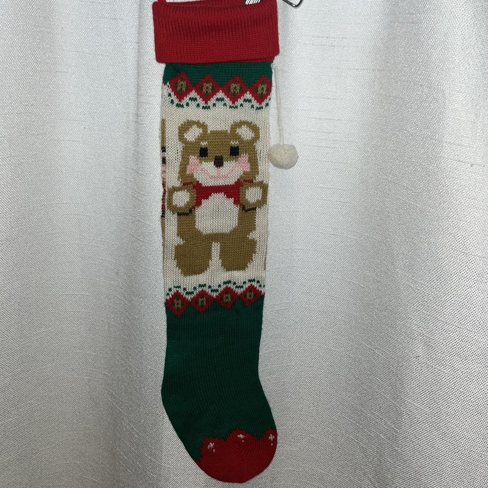 Vintage Santa's Best Teddy Bear Knit Long Stocking 23" Christmas Country Classic